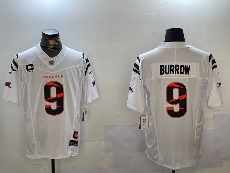 Men Cincinnati Bengals 9 Burrow White Throwback three generations 2024 Nike Limited NFL Jersey style 1